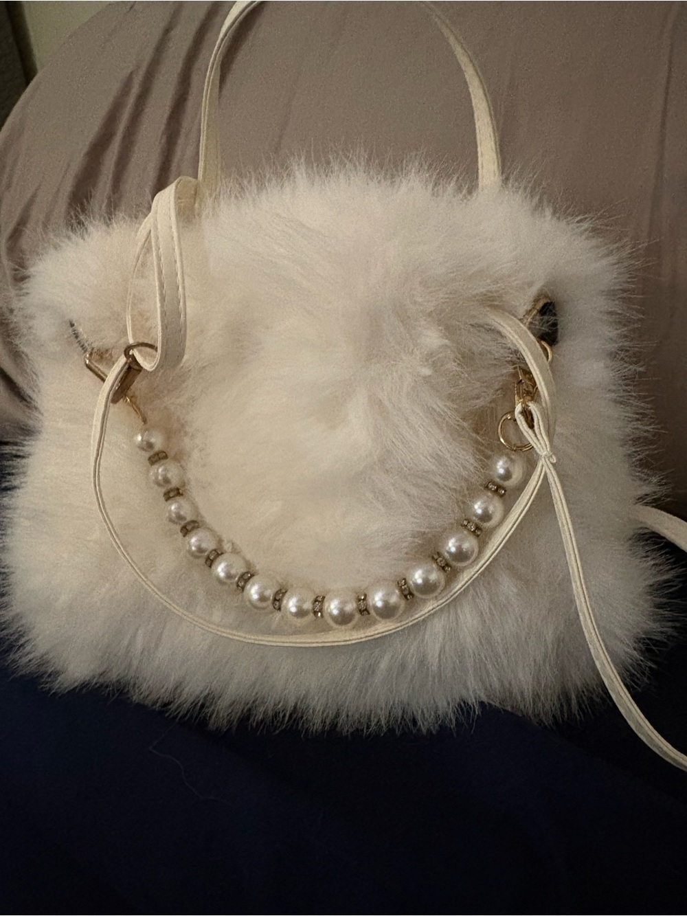 Women's Faux Fur Pearl-Accent Shoulder Bag - Cream